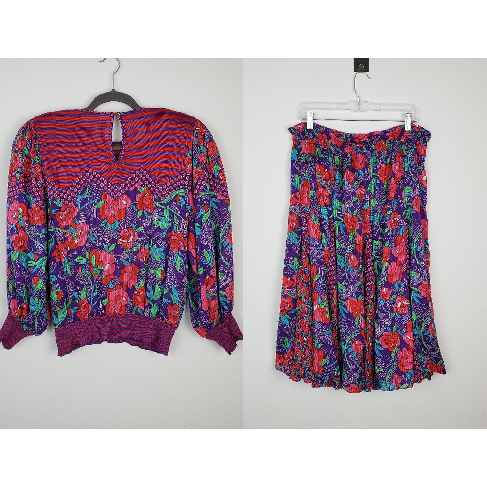 Vintage Diane Freis Skirt Top Set Georgette Floral Knit Grannycore 80s Designer